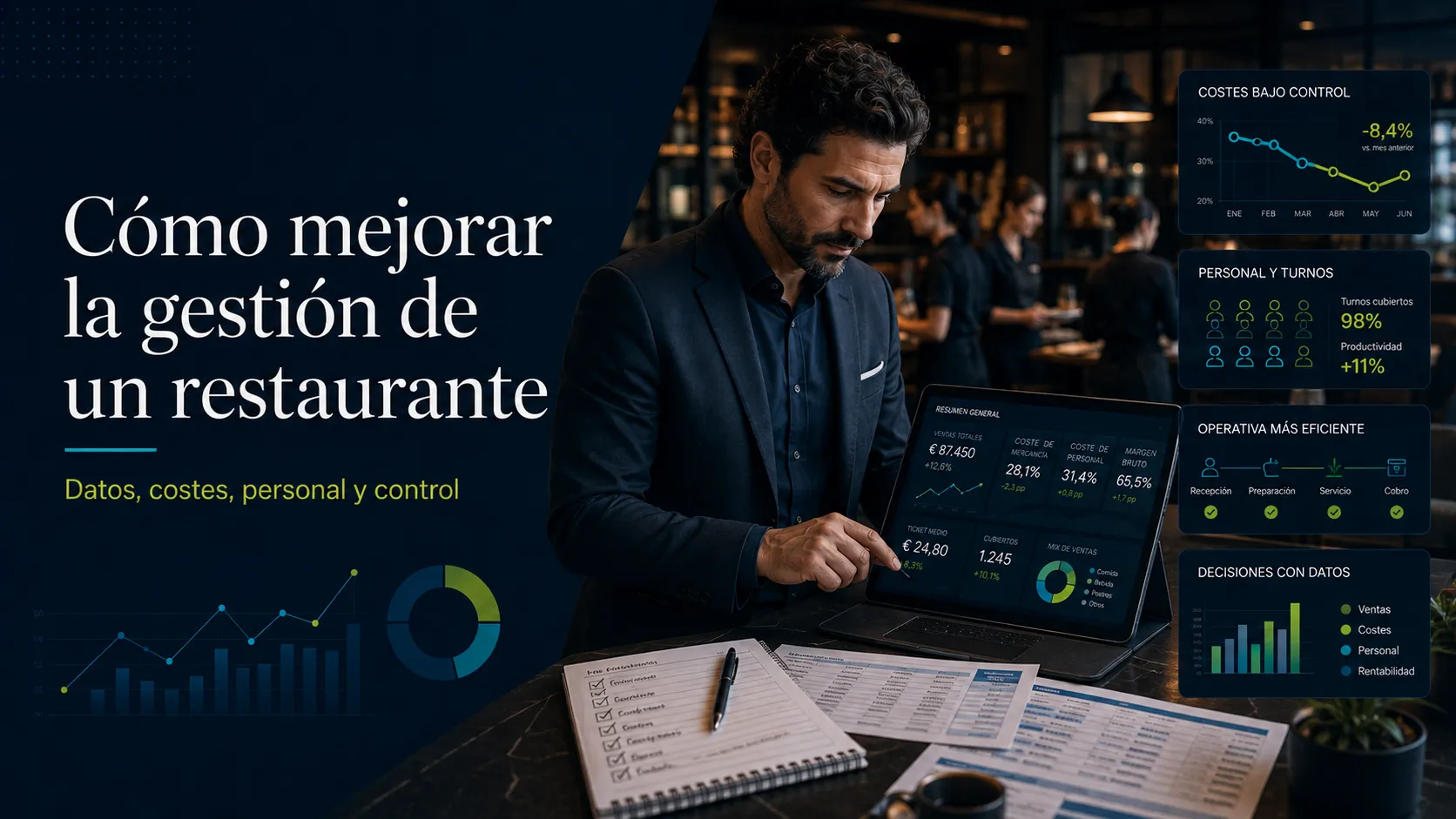 Propietario de un restaurante revisando los datos de su negocio en una tablet sobre la barra antes del servicio
