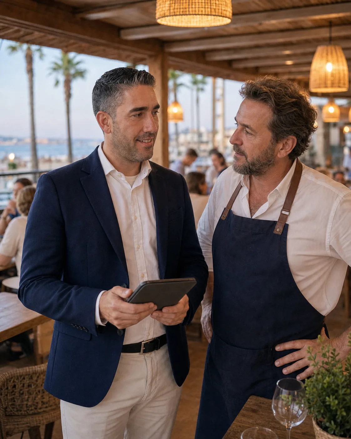 Juan conversando con un hostelero durante un análisis en un restaurante real