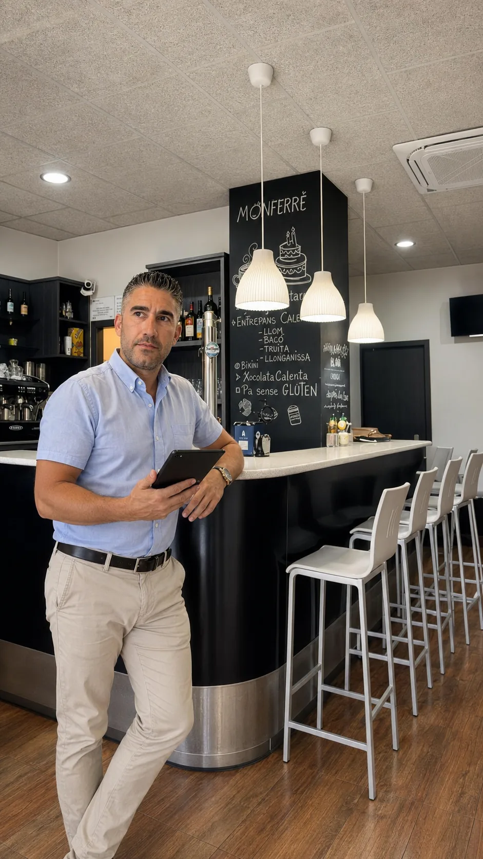 Juan con tablet en la barra de Cafetería Monferré, dentro del negocio