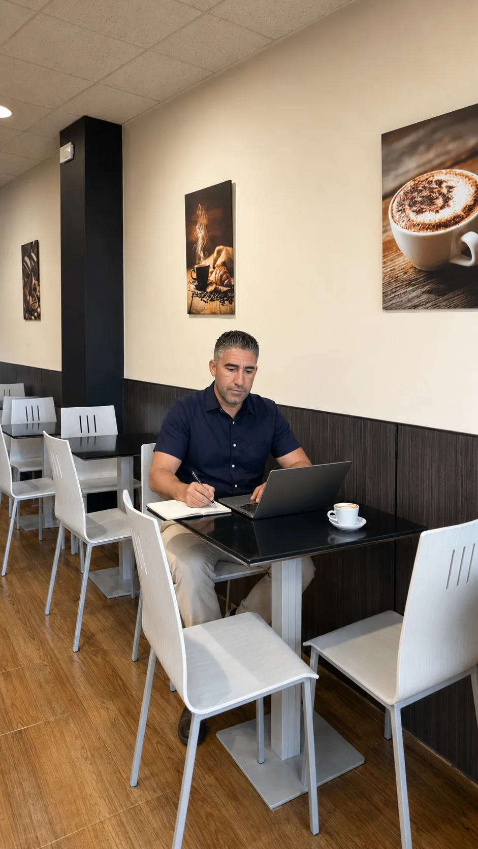 Juan trabajando en Cafetería Monferré con portátil y libreta