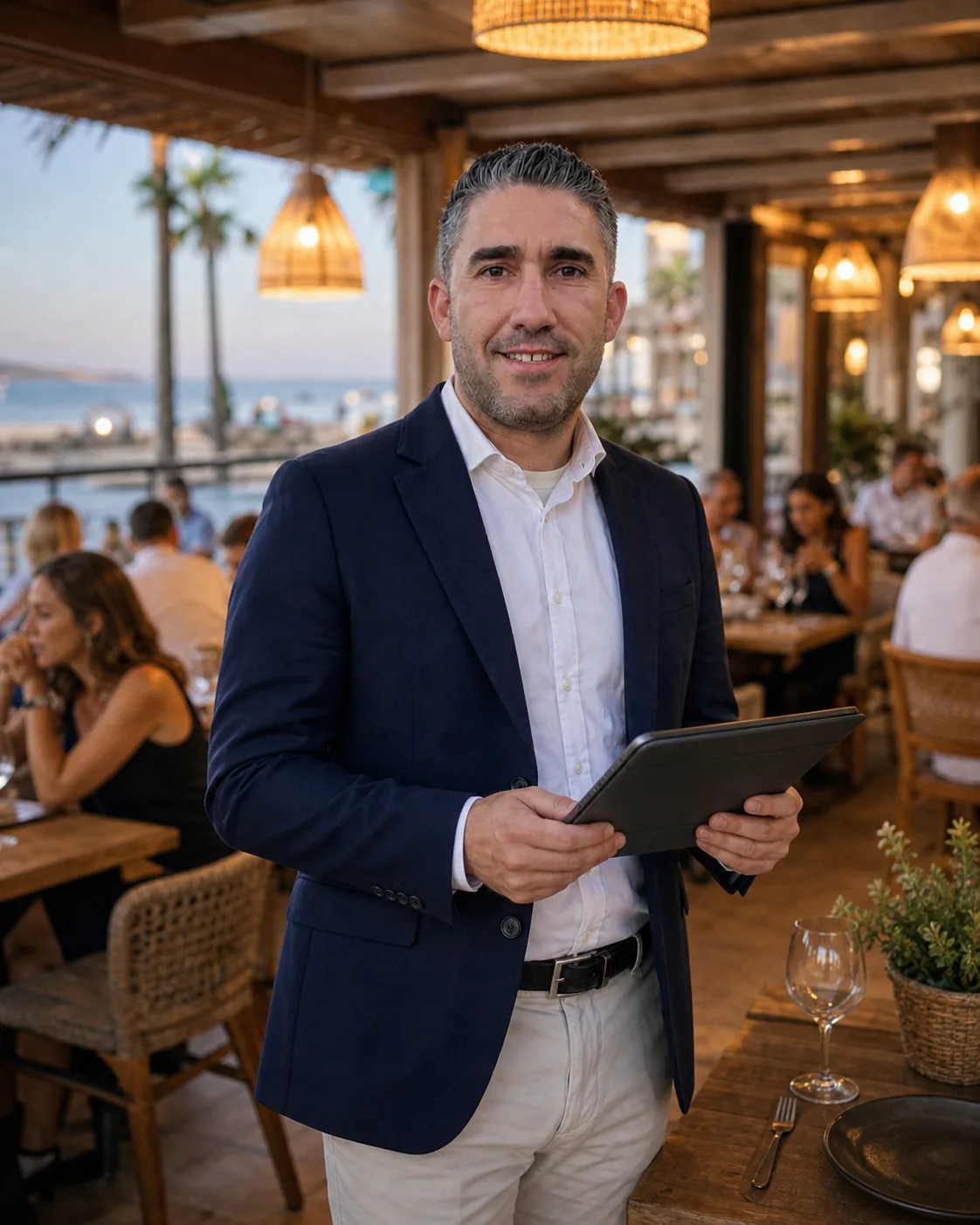 Juan con una tablet en la terraza de un restaurante real