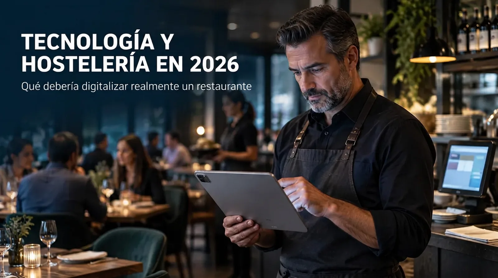 Propietario de un restaurante revisando datos de gestión en una tablet mientras el equipo trabaja en sala